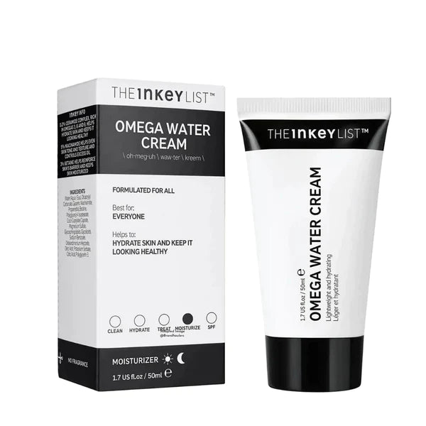 OMEGA WATER CREAM Drėkinantis veido kremas su omega riebiųjų rūgščių komplesu iš "The Inkey List". Šis kremas buvo sukurtas odai, kurią kankina sausumas, bet silikonai ir aliejai ją apsunkina ir kemša poras. Šis kremas suformuluotas taip, kad pažeistas apsauginis barjeras būtų atstatytas be pavojaus, kad bus užkimštos poros. Sudėtyje derinami ingredientai: niacinamidas, hialuronas ir omega 3, 6 bei 9 riebiosios rūgštys.